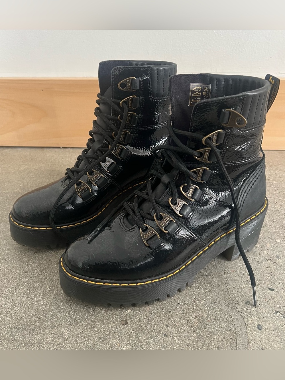Dr. Martens Laurenne Distressed Patent Leather Platform Lace-Up Heel Boots